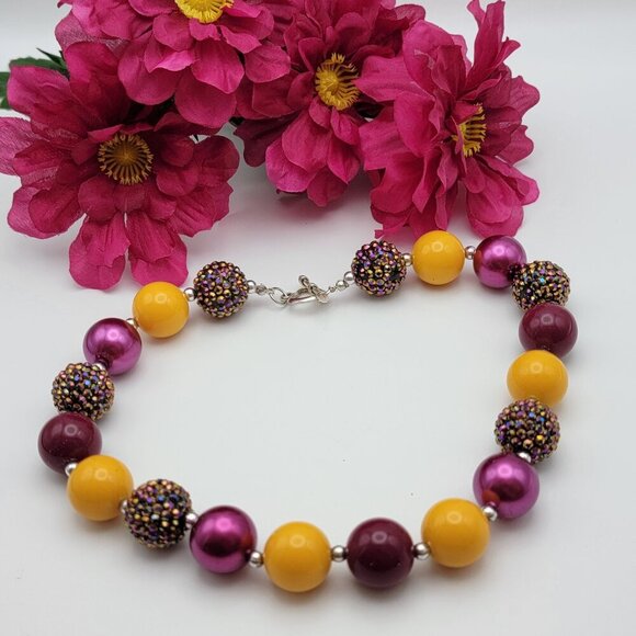 Multicolor And Metallic Chunky Ball Bead Collar Necklace 18 Heart Toggle Clasp - Picture 1 of 6
